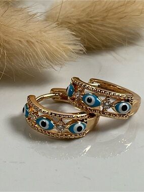 Rose Gold Overlay Evil Eye Cubic Zirconia Huggie Earrings